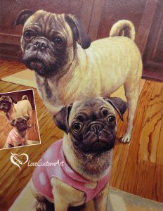 hand painted acrylic painting of two pug dogs from photo