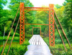 Landscape oil painting of a bridge