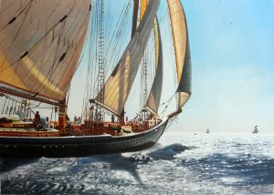 Oil painting of a clipper out at sea