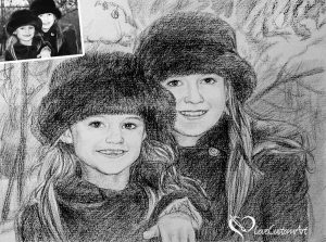 charcoal hand drawing of two girls