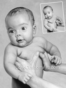 Baby portrait painted in oil in black & white