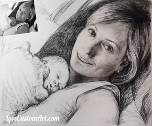 drawing in charcoal of mother and baby from photo