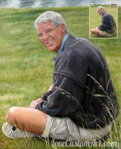 A beautiful oil portrait of a Swedish Gent sat on the grass in a park