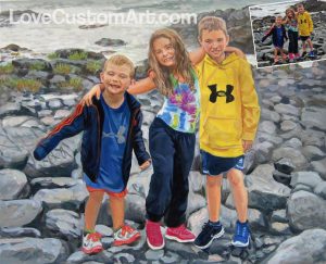 pastel hand drawing of three children from photo