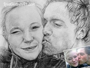 Kissing couple drawn in charcoal